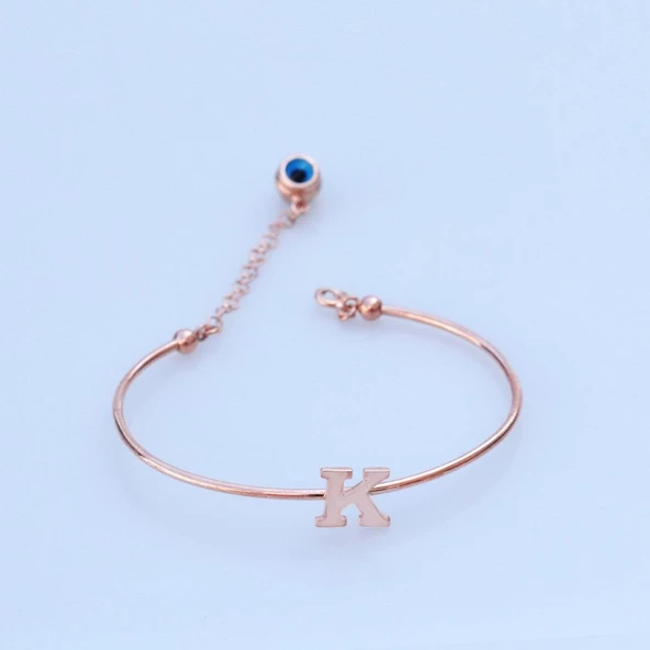 Rose Gold Kaplama Nazar Boncuklu K Harfi Gümüş Bileklik ürün görseli 1