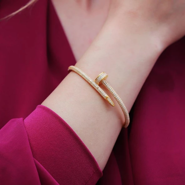 Crtr Çivi Model Zirkon Taşlı Gold Kaplama Gümüş Bileklik - Resim 3