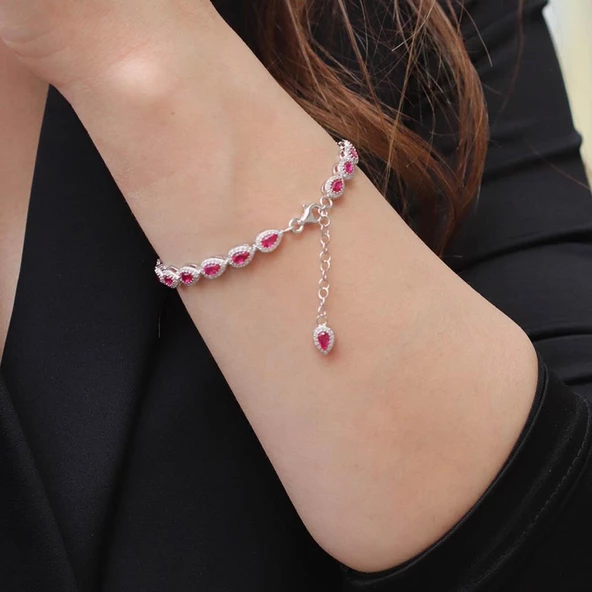 Damla Lal Taş Etrafı Zirkon Taşlı 925 Ayar Gümüş Bileklik - Resim 3