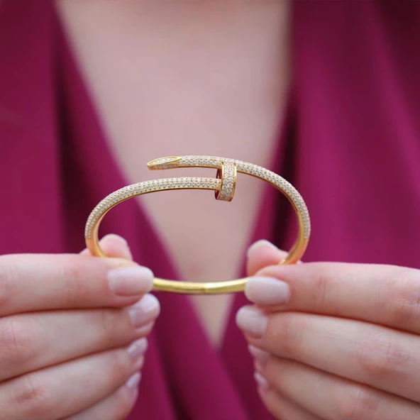 Crtr Çivi Model Zirkon Taşlı Gold Kaplama Gümüş Bileklik - Resim 2
