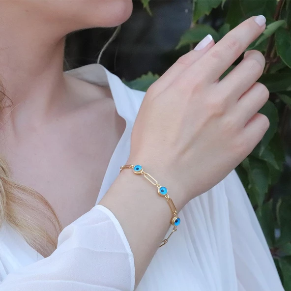3 Nazar Boncuklu Gold Kaplama Trend Geçme Bileklik - Resim 3