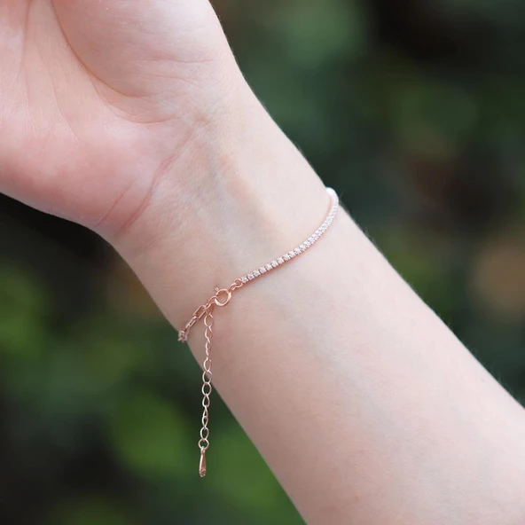 Rose Gold Kaplama Yarım Su Yolu Zincirli Gümüş Bileklik - Resim 2