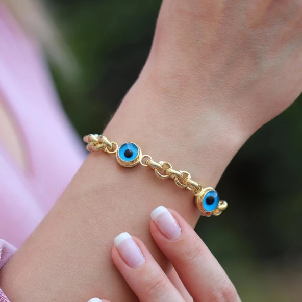 3 Nazar Boncuklu Mega Gold Kaplama Gümüş Bileklik - Resim 3