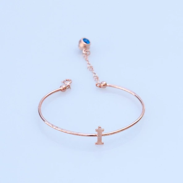 Rose Gold Kaplama Nazar Boncuklu İ Harfi Gümüş Bileklik ürün görseli
