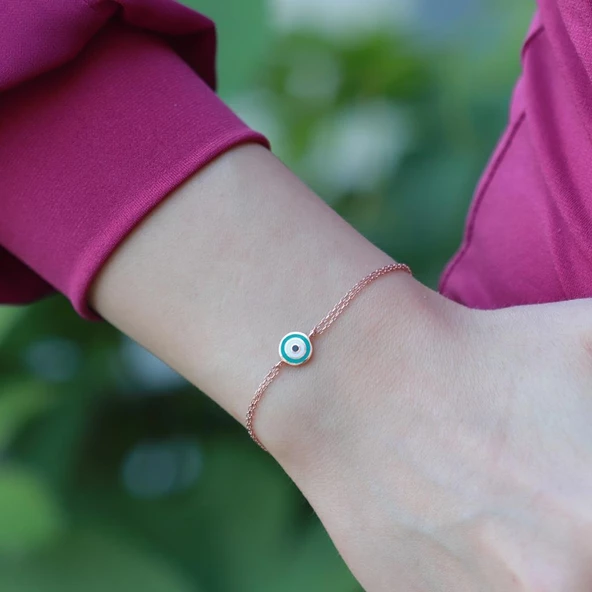 Mine İşli Nazar Boncuğu Çift Zincirli Rose Gold Kaplama Gümüş Bileklik - Resim 3