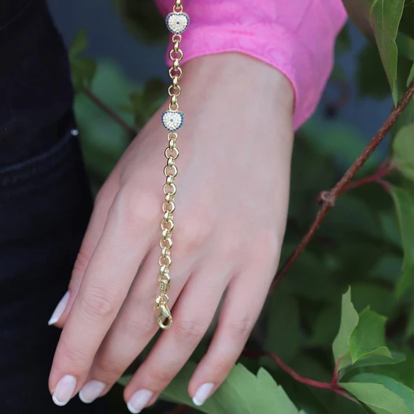 Kalp Nazar Boncuklu Zirkon Taşlı Gold Kaplama Zincir Bileklik - Resim 3