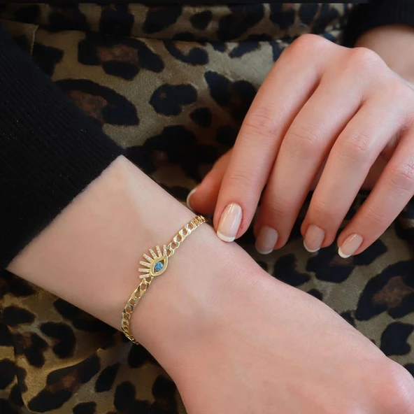 Göz Gurmet Modeli Zirkon Taşlı Gold Kaplama Gümüş Bileklik ürün görseli 1