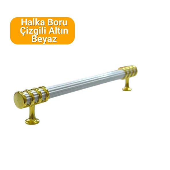 4 Adet Halka Boru Çizgili Altın Beyaz Metal Mobilya Kulpu 160mm - 2