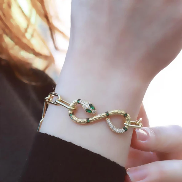 Yılan Sonsuzluk Modeli Gold Kaplama Zirkon Taşlı Bileklik - Resim 2