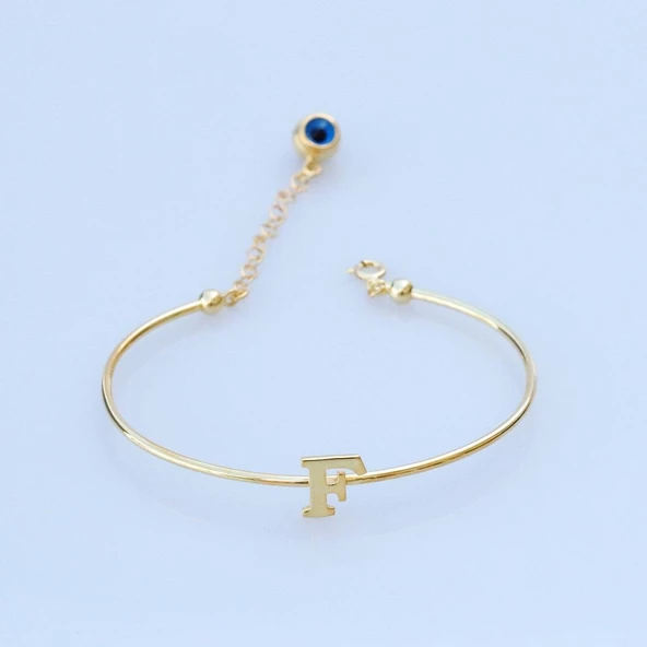 Gold Kaplama Nazar Boncuklu F Harfi Gümüş Bileklik ürün görseli 1