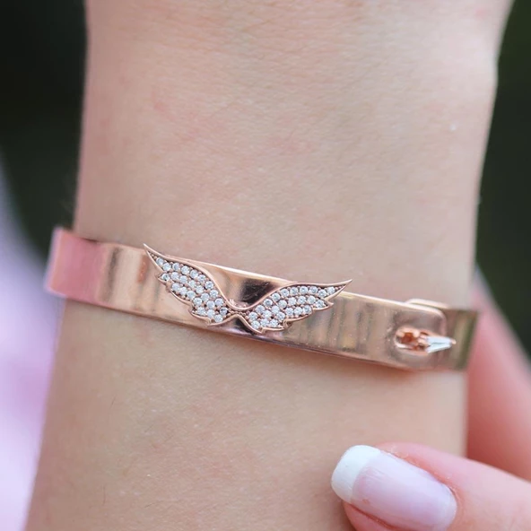 Zirkon Taşlı Rose Gold Kaplama Melek Gümüş Kelepçe ürün görseli 1