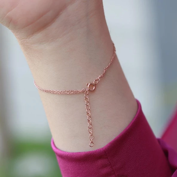 Mine İşli Göz Model Çift Zincirli Rose Gold Kaplama Gümüş Bileklik - Resim 2