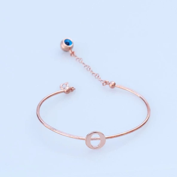 Rose Gold Kaplama Nazar Boncuklu O Harfi Gümüş Bileklik ürün görseli 1