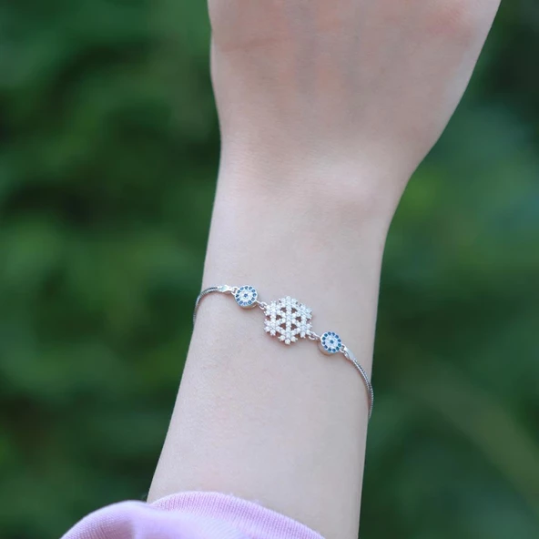 Nazar Bocuklu Kar Tanesi Zirkon Taşlı Gümüş Bileklik - Resim 3