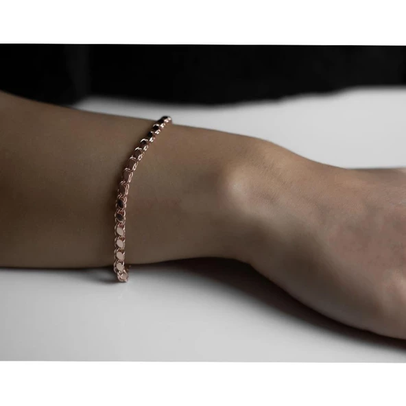 Rose Kaplama 925 Ayar Düz İtalyan Zincir Gümüş Bileklik - Resim 3