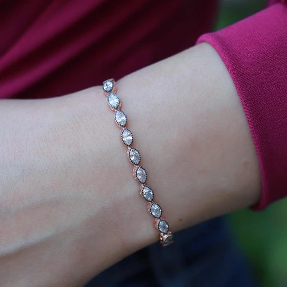Elmas Montür Asansörlü Rose Gold Kaplama Gümüş Su Yolu Bileklik - Resim 3