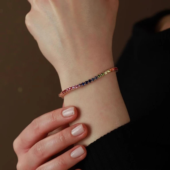 Renkli Sıra Taşlı Su Yolu Rose Gold Kaplama Gümüş Bileklik ürün görseli 1
