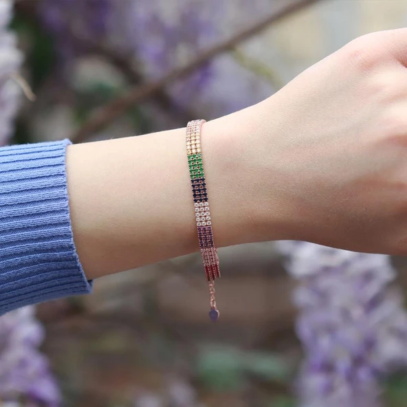 3 Sıra Renkli Zirkon Taşlı İnce Rose Gold Kaplama Su Yolu Gümüş Bileklik ürün görseli 1