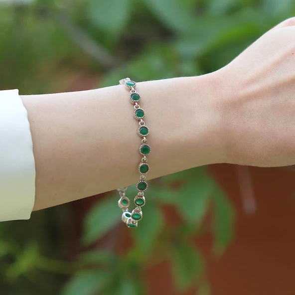 Kök Zümrüt Taşlı Otantik Gümüş Bileklik - Resim 4