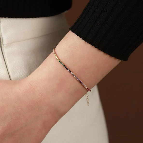 Rainbow Zirkon Taşlı Rose Gold Kaplama Gümüş Su Yolu Bileklik - Resim 2