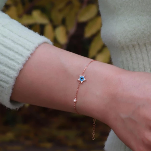 Yıldız Figürlü Zirkon Taşlı Mine İşli Rose Gold Kaplama Gümüş Bileklik - Resim 2