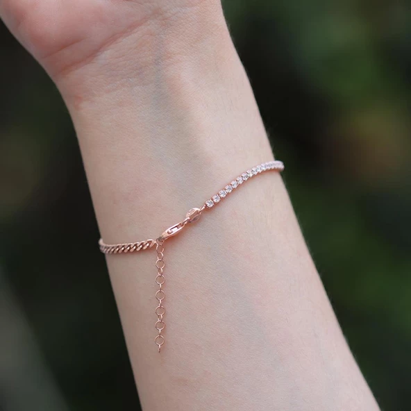 Rose Gold Kaplama Yarım Su Yolu Gurmet Zincirli Gümüş Bileklik - Resim 2