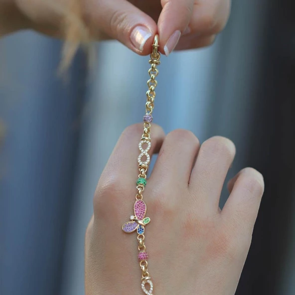 Gold Kaplama Renkli Zirkon Taşlı Kelebek ve Sonsuzluk Taşlı 925 Ayar Gümüş Hallow Bileklik ürün görseli 1