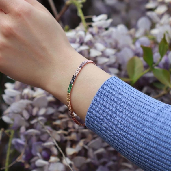 2 Sıra Renkli Zirkon Taşlı İnce Rose Gold Kaplama Su Yolu Gümüş Bileklik - Resim 3