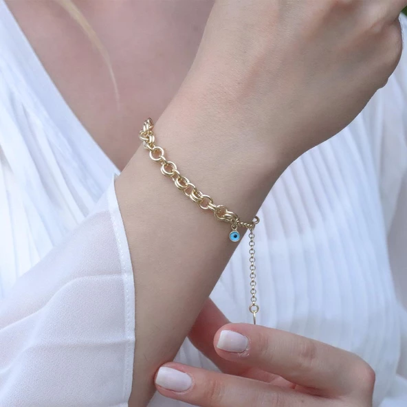 Çift Halkalı Nazar Boncuklu Gold Kaplama Gümüş Hallow Bileklik ürün görseli 1