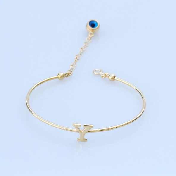 Gold Kaplama Nazar Boncuklu Y Harfi Gümüş Bileklik ürün görseli 1
