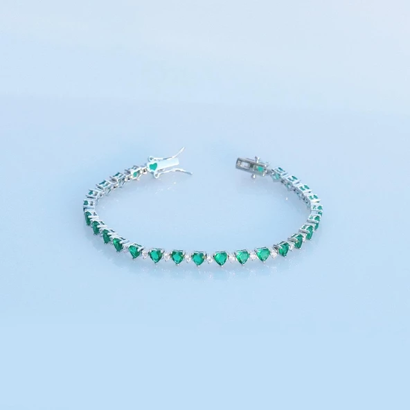 Yeşil Zirkon Taşlı Kalpli Su Yolu Gümüş Bileklik - Resim 3