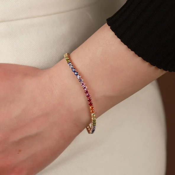 Renkli Sıra Taşlı Su Yolu Rose Gold Kaplama Gümüş Bileklik - Resim 2