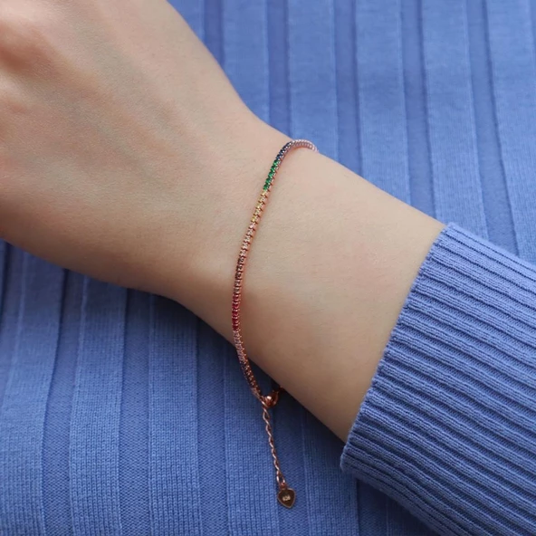 Renkli Zirkon Taşlı Rose Gold Kaplama Su Yolu Gümüş Bileklik - Resim 3