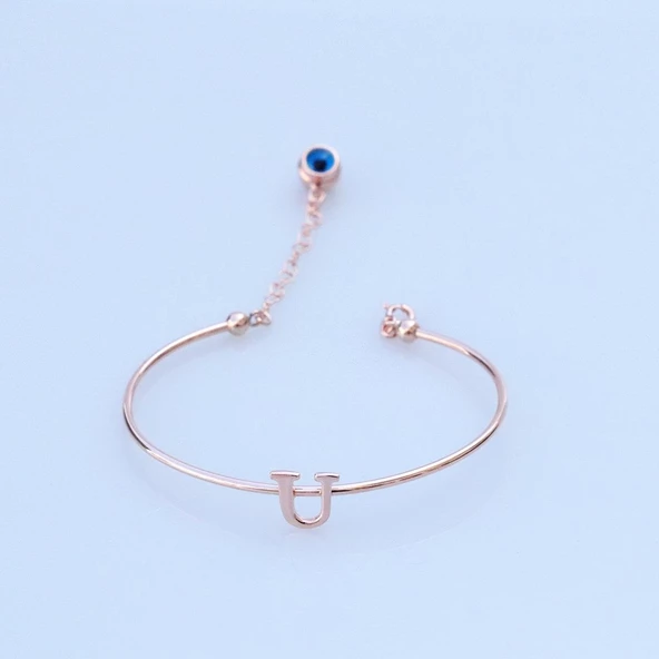 Rose Gold Kaplama Nazar Boncuklu U Harfi Gümüş Bileklik