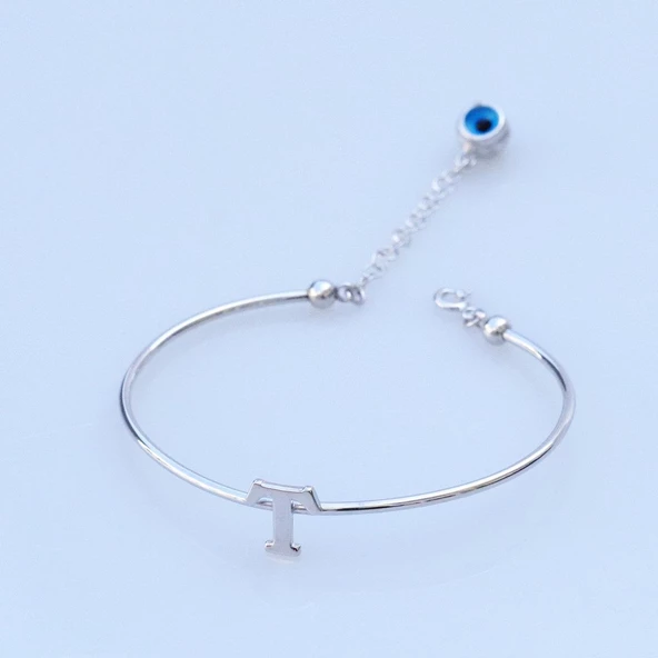 Nazar Boncuklu T Harfi Gümüş Bileklik ürün görseli 1