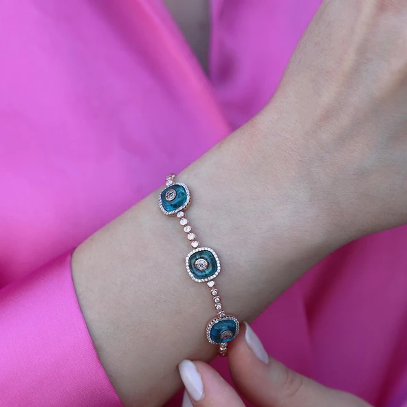 Cam Gözlü Rose Gold Kaplama Gümüş Bileklik - Resim 3