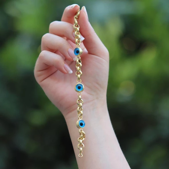 3 Nazar Boncuklu Mega Gold Kaplama Gümüş Bileklik - Resim 2