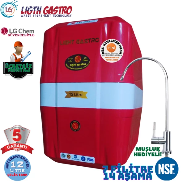 LİGHT GASTRO KIRMIZI BEYAZ MONTAJ DAHİL 12 LİTRE 7 FİLTRE 14 AŞAMA SU ARITMA CİHAZI