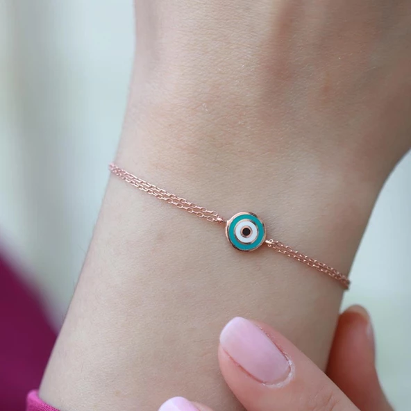 Mine İşli Nazar Boncuğu Çift Zincirli Rose Gold Kaplama Gümüş Bileklik