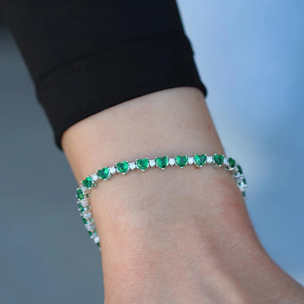 Yeşil Zirkon Taşlı Kalpli Su Yolu Gümüş Bileklik - Resim 2