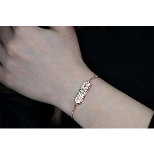 Amour (Aşk) Yazılı Plaka Rose Kaplama Gümüş Bileklik - Resim 2