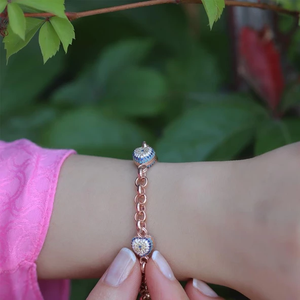 Kalp Nazar Boncuklu Zirkon Taşlı Rose Gold Kaplama Zincir Bileklik ürün görseli 1