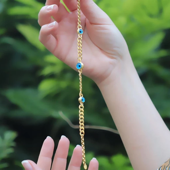 Gurmet Modeli Nazar Boncklu Gold Kaplama Gümüş Bileklik - Resim 2