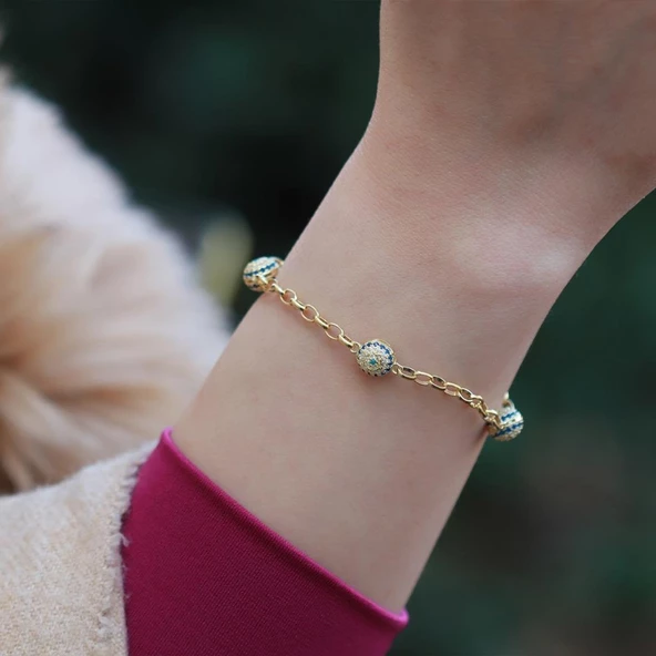 Zirkon Taşlı Gold Kaplama Nazar Boncuklu Gümüş Bileklik ürün görseli 1