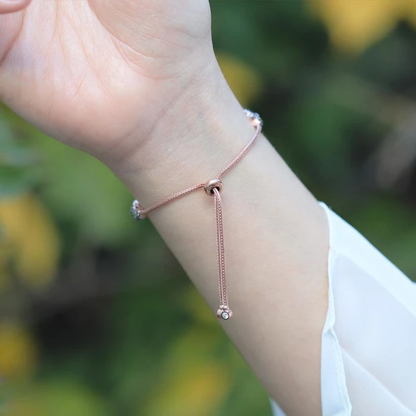 Elmas Montür Rose Gold Kaplama Zirkon Taşlı Asansörlü Gümüş Bileklik - Resim 4