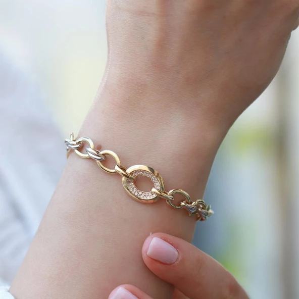 Gold Kaplama Zirkon Taşlı Halka Zincir Bileklik ürün görseli