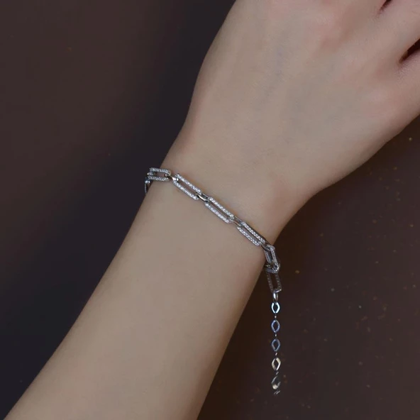 Zirkon Taşlı Zincir Modeli Gümüş Bileklik - Resim 2