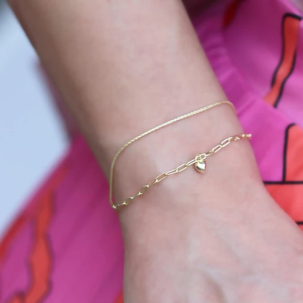 Kalpli Gold Kaplama Çift Zİncirli Gümüş Bileklik - Resim 2