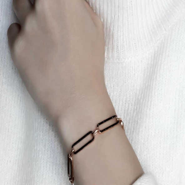 Siyah Zirkon Taşlı Zincir Modeli Gümüş Bileklik - Resim 2