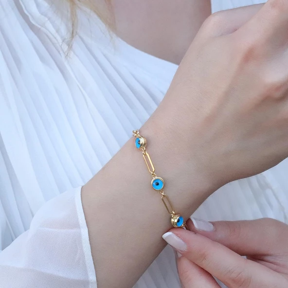 3 Nazar Boncuklu Gold Kaplama Trend Geçme Bileklik ürün görseli 1